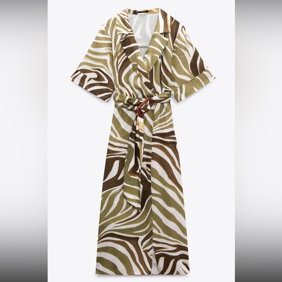 NWOT Zara Beige- green animal print dress with belt, size S - Picture 1 of 1